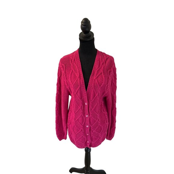 Vintage Lauren Hansen Women's Knitted by Hand Raspberry Pink Cable Knit Cardigan - Picture 2 of 9